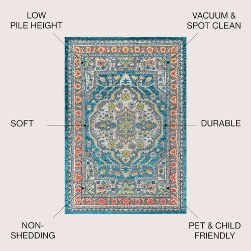 Vista 2 de JONATHAN Y Alfombra bohemia para interiores, color azul y amarillo, 3 x 5, medallón bohemio elegante, floral, fácil de limpiar, alto tráfico