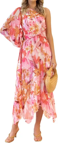 Vista 3 de Vestido largo de un hombro para mujer, plisado, floral, para playa, bohemio, vestido de cóctel, Rosado