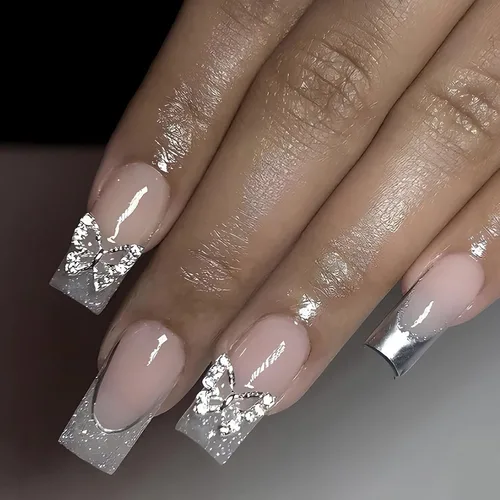 Vista 20 de MISUD Uñas a presión – Uñas cuadradas largas con pegamento rosa y negro, acrílico Y2K diseño de dijes de 24 piezas