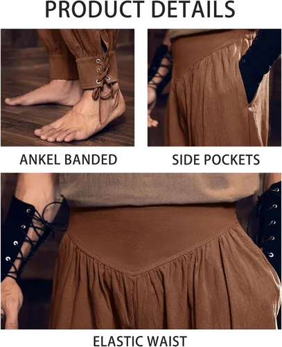 Vista 5 de Pantalones de tobillo de pirata medieval para hombre, disfraz vikingo renacentista con cordones, pantalones de navegador con bandas cónicas