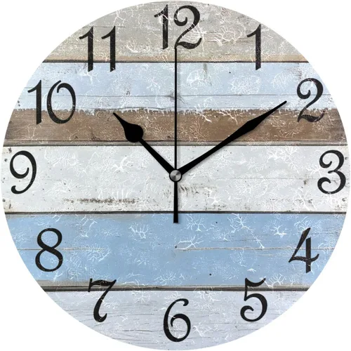 Vista 29 de Reloj de pared rústico retro con puerta de granero de madera, marrón, azul, funciona con pilas, silencioso, sin tictac, 10 pulgadas, reloj de mesa
