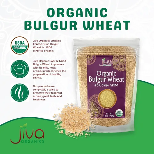 Vista 2 de Trigo Bulgur orgánico grueso #3 de 2 libras, sin OMG, cultivado en Estados Unidos, bayas de trigo 100% naturales, bolsa resellable por Jiva Organics