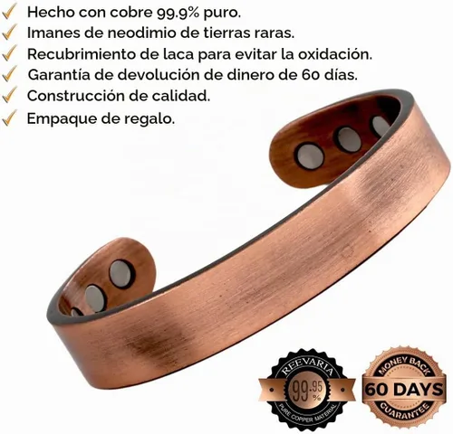 Vista 2 de Pulsera de cobre puro, magnética, pesada, de manguito para hombre, con 8 imanes de 3500 Gauss