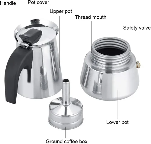 Vista 6 de Cafetera de café expreso, cafetera portátil de acero inoxidable, cafetera expreso, clásica para el hogar, la oficina (3.3 fl oz)