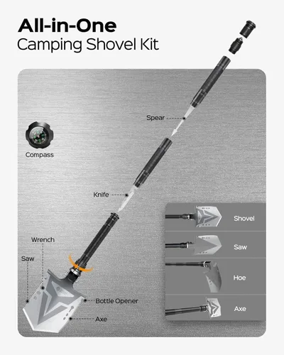 Vista 6 de Sahara Sailor Kit de pala de camping plegable con hacha de grado militar, pala táctica multifuncional de supervivencia con paracord, linterna