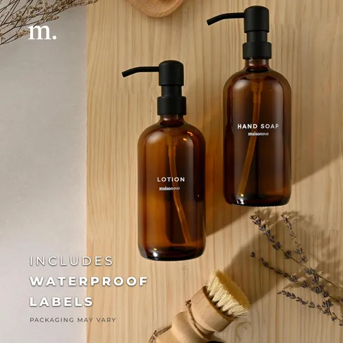 Vista 6 de MaisoNovo Dispensador de jabón de 1 pieza Botellas ámbar de 16.9 oz con bombas de plástico negro
