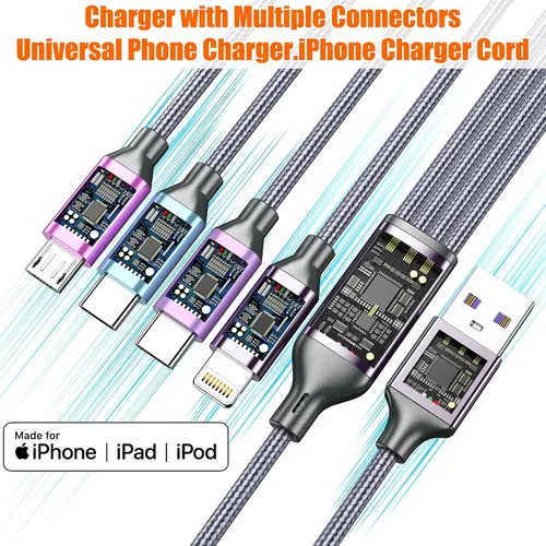 Vista 4 de Doub Tyep-C 4 en 1 cable de carga múltiple de 4 pies, cable de carga de nailon trenzado Lightning para iPhone, cable de carga universal con tipo C