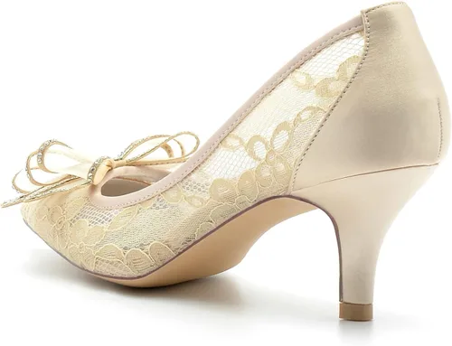 Vista 5 de HKMFLYY Zapatos de boda de encaje puntiagudo para mujer, zapatos de novia de tacón bajo, cómodos zapatos de novia con lazo, tacones de noche
