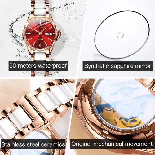 Vista 4 de Reloj automático de cerámica de acero inoxidable para mujer reloj mecánico de 984ft impermeable oro rosa elegante para mujer esfera de concha