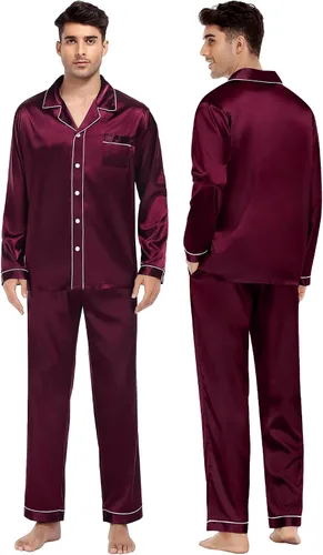 Vista 3 de SWOMOG Couples Silk Satin Pajamas Sets Long Sleeve Sleepwear 2-Piece Pjs Set Button-Down Loungewear Comfy Nightwear