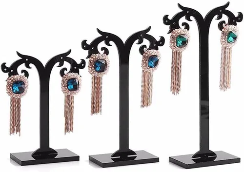 Vista 2 de Un juego de 3 piezas de acrílico negro soporte de aretes desmontable estante de almacenamiento de pendientes organizador torre de joyería