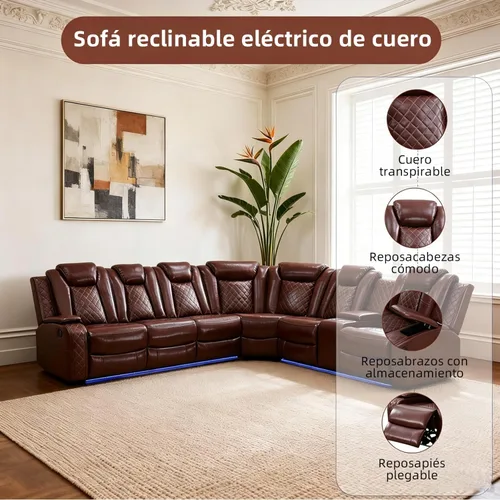 Vista 4 de Sofá Seccional Reclinable Eléctrico de Cuero Blanco Crema, Mueble Sala Cine en Casa con Iluminación LED, Consola Almacenamiento, Portavasos y Carga