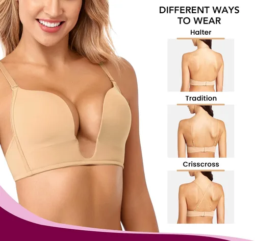 Vista 5 de JOATEAY Sujetador de inmersión profunda Push Up Sujetador sin aros de corte bajo Beige