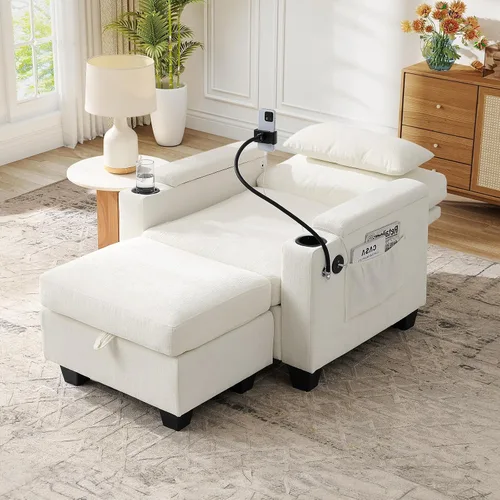 Vista 9 de Chaise Lounge Chair para interiores con puerto USB y soporte para teléfono, sillón reclinable pequeño de felpilla con otomana de almacenamiento