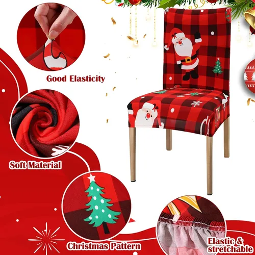 Vista 4 de Macarrie Juego de fundas elásticas para sillas de Navidad, fundas protectoras para sillas estampadas, lavables, elásticas, a cuadros rojos y negros