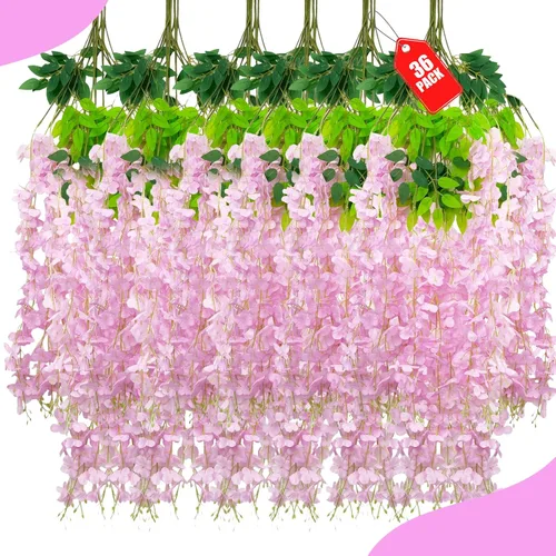 Vista 53 de Paquete de 12 flores colgantes de glicina rosa, flores colgantes falsas de 3.44 pies, guirnalda de glicina artificial para decoración de boda, telón