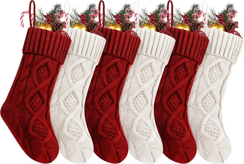 Vista 20 de Fesciory Calcetines de Navidad, paquete de 6 calcetines de punto grandes de 18 pulgadas y decoración para fiestas familiares de Navidad, borgoña