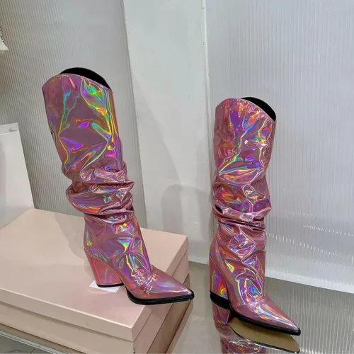 Vista 8 de Vertundy Botas altas hasta la rodilla metálicas con punta puntiaguda para mujer, botas altas de tacón alto de charol plisadas, botas largas plisadas