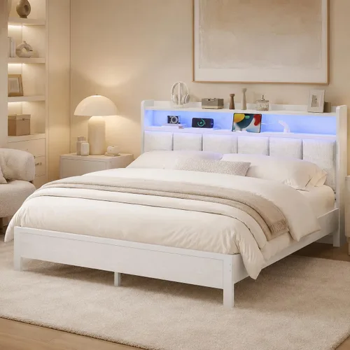 Vista 19 de IMMERSTABLE Base de cama individual con luces LED y estación de carga, cabecera de almacenamiento tapizada, plataforma de metal con listones