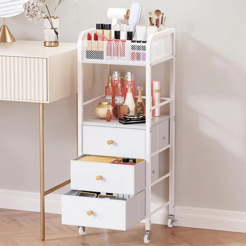 Vista 11 de HapiRm Organizador de Carrito de Maquillaje Rodante - Almacenamiento de Maquillaje y Cuidado de la Piel de Piso con 3 Cajones de Tela No Tejida