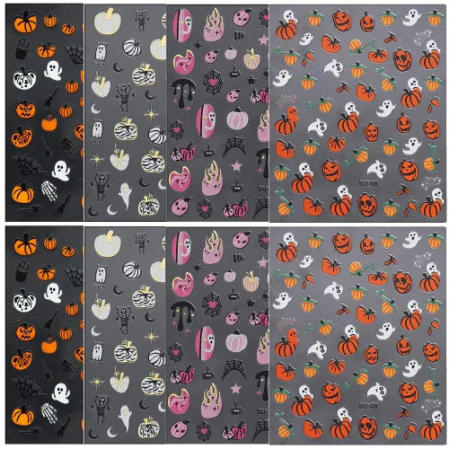 Vista 2 de 8 hojas de calcomanías de uñas de Halloween para arte de uñas, LPOODDNU de Halloween, calcomanías de uñas autoadhesivas 3D, suministros de arte