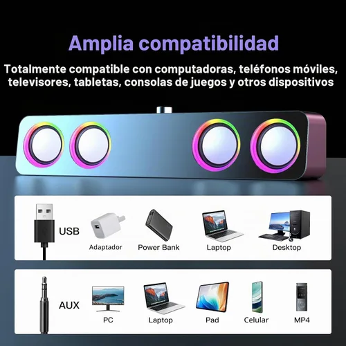 Vista 6 de Elimavi Altavoces de computadora para PC de escritorio, altavoces de 2.0 canales con iluminación LED estática y control de volumen, con una entrada