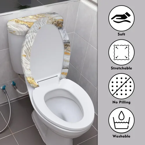 Vista 4 de Funda de asiento de inodoro de mármol blanco dorado para baño, cubierta de tapa de tanque de inodoro suave, 2 piezas, fundas de inodoro con tela