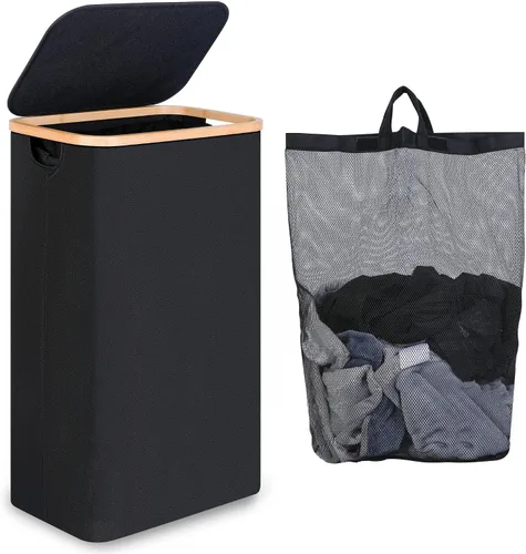 Vista 17 de iEGrow - Cesta de lavandería delgada de 65L, cesta de lavandería estrecha con tapa, cesta de ropa plegable con asas de bambú, cesta de lavandería