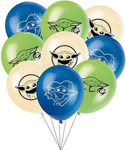Vista 4 de Suministros de recuerdo de fiesta de Baby Yoda, decoraciones de cumpleaños para fiesta de bebé Yoda incluyen pancarta, adorno para pastel y globos