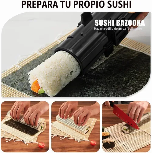 Vista 3 de Kit de fabricación de sushi SmileTools, juego de 22 piezas para principiantes con libro guía, bazuca, cuchillo, estera, cortador de aguacate