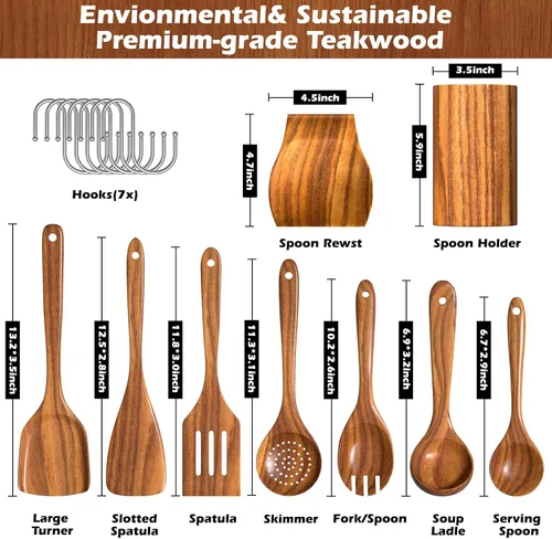 Vista 2 de Juego de utensilios de cocina de teca natural con soporte, cucharas de madera para cocinar, juego de 10 espátulas de cocina con soporte