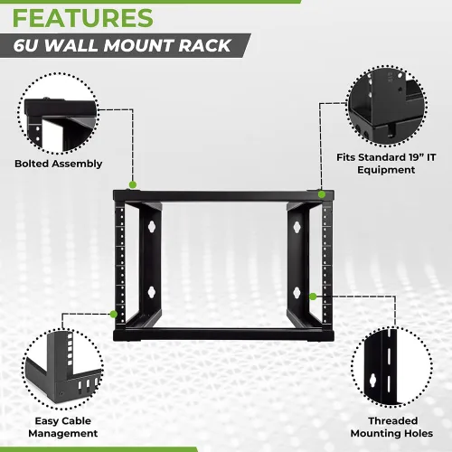 Vista 2 de NavePoint - Soporte de pared 6U de marco abierto para equipos de servidor de 19", rosca de 16", color negro