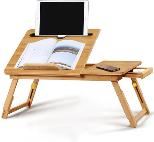 Vista 2 de Mesa de bambú para cama de hasta 17.7 pulgadas, plegable, para desayuno, tareas, estudio, lectura, comida, bandeja de alimentos