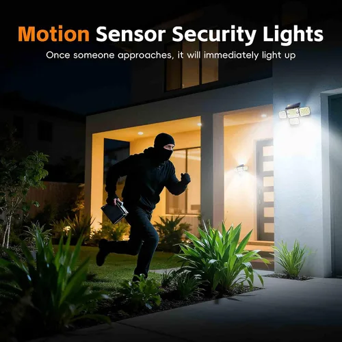Vista 8 de Luces solares para exteriores 336 LED, luz de pared de seguridad con sensor de movimiento con control remoto, diseño ajustable de 4 cabezales