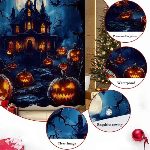 Vista 5 de Halloween Shower Curtain Spooky Haunted House Scene with Glowing Pumpkins Full Moon Bats Gothic Dark Forest Castle Bathroom Polyester Curtains Set