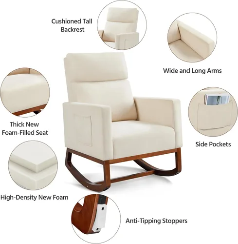 Vista 6 de Yaheetech Mecedora, moderna silla deslizante, sillón reclinable con patas de madera y bolsillo lateral, silla mecedora para guardería con respaldo