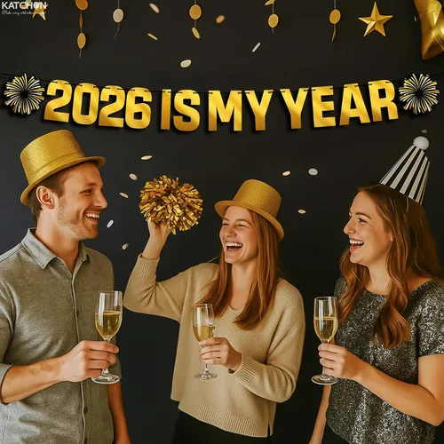 Vista 5 de KatchOn, Cartel de Feliz Año Nuevo – 10 pies, preencordado Fondo dorado de feliz año nuevo, decoraciones de Año Nuevo 2026 Telón de fondo NYE