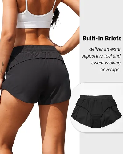 Vista 2 de Holipick Women's 3'' High Waisted Running Shorts with Zipper Pocket Athletic Quick Dry Workout Shorts with Mesh Liner