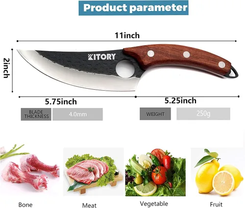 Vista 2 de Kitory Cuchillo de carnicero para cortar carne, cuchillo vikingo forjado a mano con mango ergonómico de madera, cuchillo de chef chino de acero