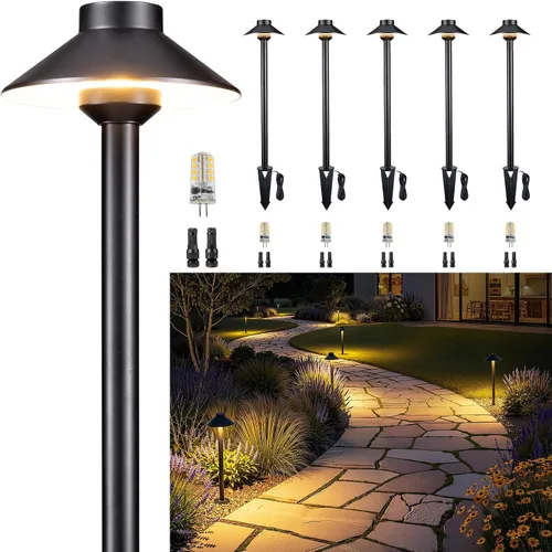 Vista 19 de Gardenreet Luces de camino de latón para exteriores, iluminación de camino de paisaje de bajo voltaje con cable, luz LED de pasarela de 12 V