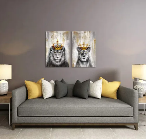 Vista 2 de Zlove Arte de pared de león y leona, pintura de rey y reina, carteles de animales de safari africanos para decoración de oficina en casa, 16 x 24