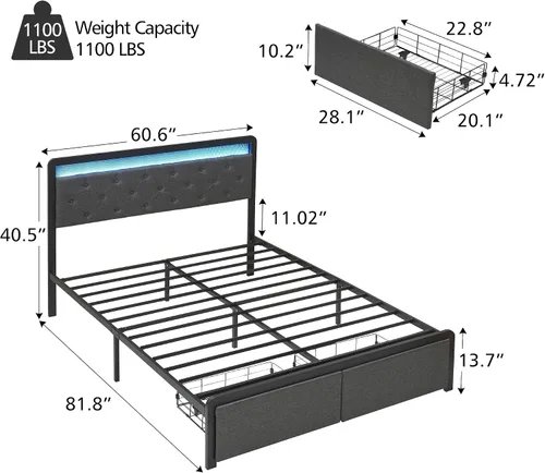 Vista 2 de Base de cama Queen con 2 cajones de almacenamiento, cabecera capitonada con botones y luces LED, cama de plataforma tapizada con almacenamiento