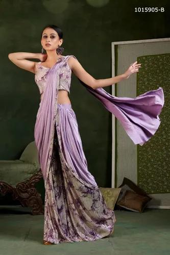 Vista 2 de Pantalón de licra para mujer india, de un minuto, Saree Fancy Diwali, festival, moderno, musulmán, listo para usar, diseñador Sari 1015905