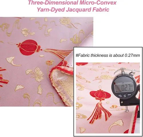 Vista 5 de BAWHO Besutiful Dyeing Jacquard Silk Satin Fabric Inelastic Cheongsam Style Pink Festive Red Lantern Pattern Golden Line Edge Cloth for Tang Suit
