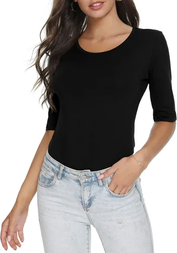 Vista 4 de Camiseta casual de media manga con cuello redondo para mujer, color liso, básica, ajustada, de algodón