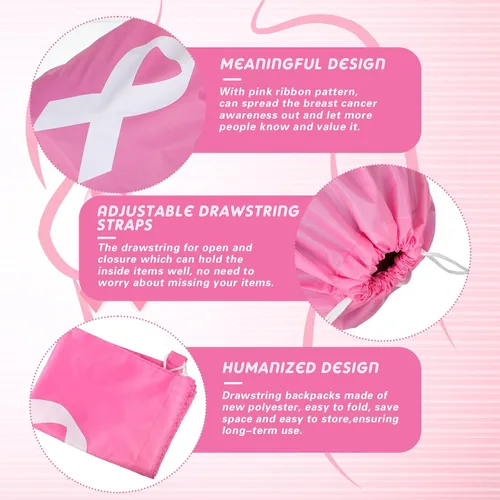 Vista 3 de Silkfly 100 unidades de mochila con cordón para concientización sobre el cáncer de mama, bolsas con cordón rosa a granel, bolsas con cordón