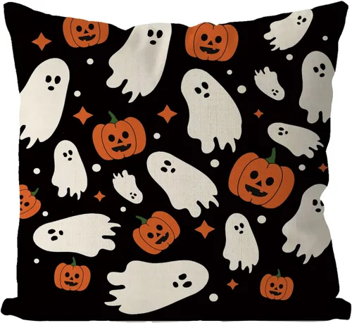 Vista 9 de GAGEC Fundas de almohada de Halloween de 12 x 20 pulgadas, funda de almohada de lino con calabazas fantasmas, fundas de almohada de lino