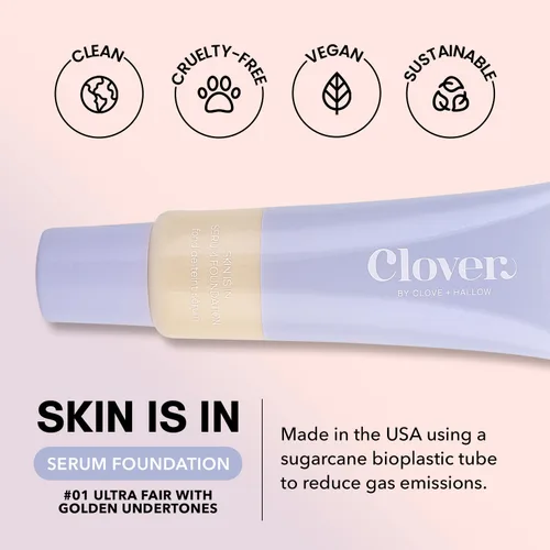 Vista 2 de Clover Skin Is In Serum Foundation Suero facial hidratante, base ligera, libre de crueldad animal y vegano, con escualano y cera de semillas de 10