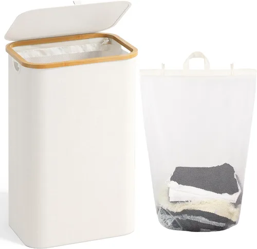 Vista 15 de Cesta de lavandería con tapa, cesta para ropa sucia de 160L, cesta de lavandería de 3 secciones, clasificador extra grande de 3 compartimentos