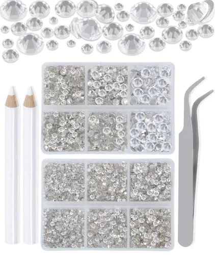 Vista 32 de LPBeads 6000 unidades de diamantes de imitación negros no termofijos, 6 tamaños, cristal redondo, con parte trasera plana, pinzas y bolígrafo